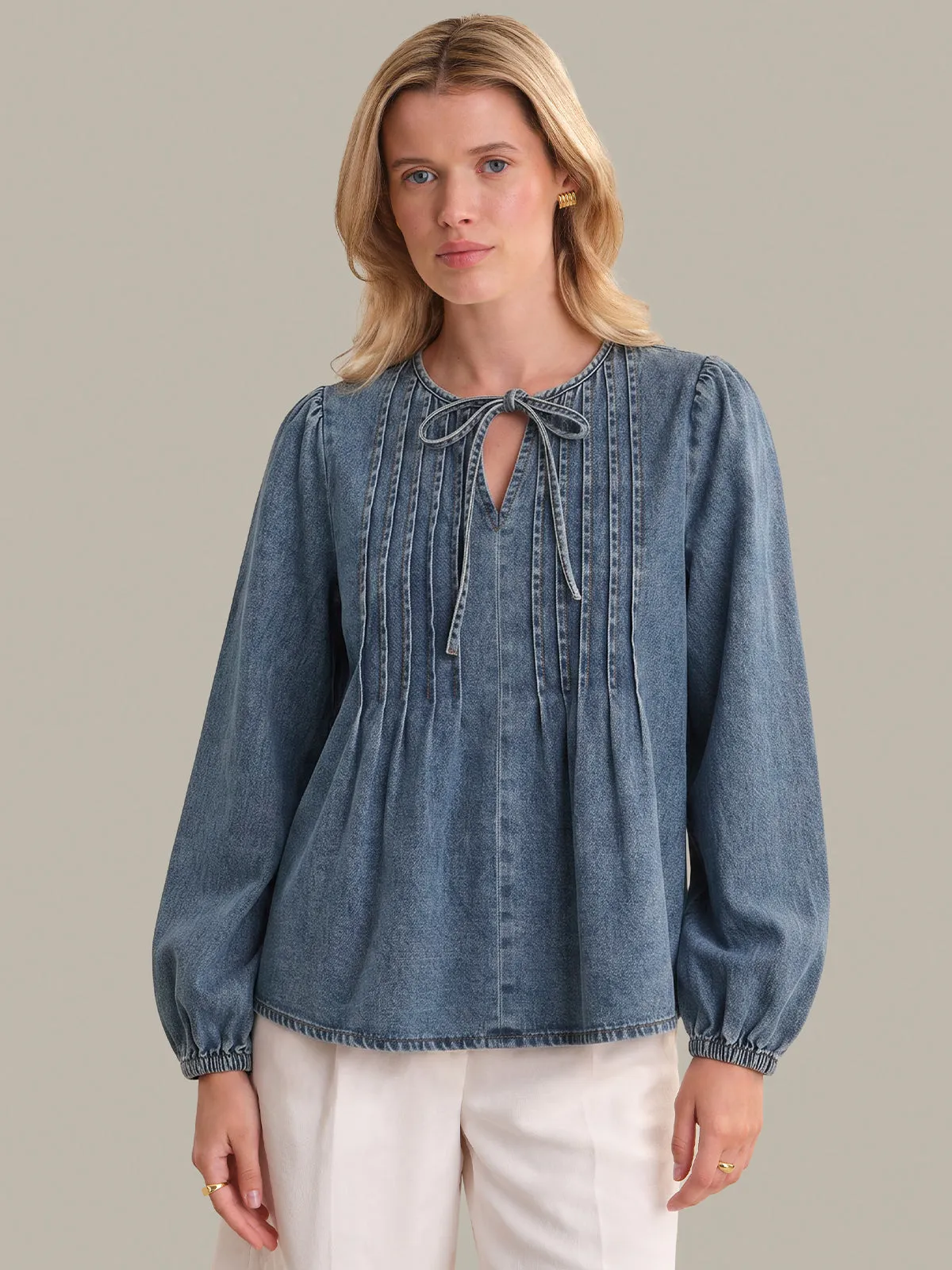 Tala: Denim Tie-Neck Blouse sold by 525 America