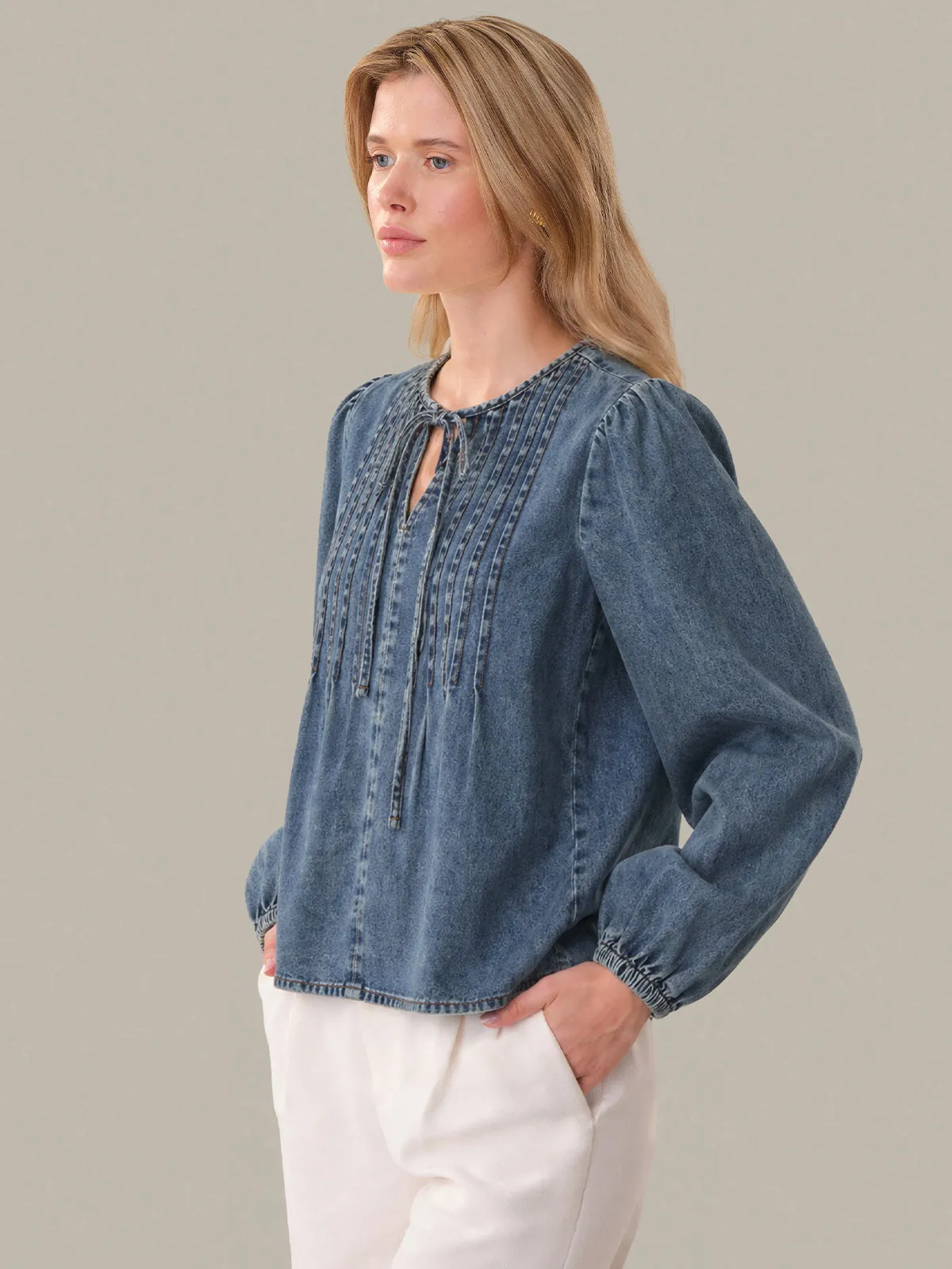 Tala: Denim Tie-Neck Blouse sold by 525 America product image thumbnail 2