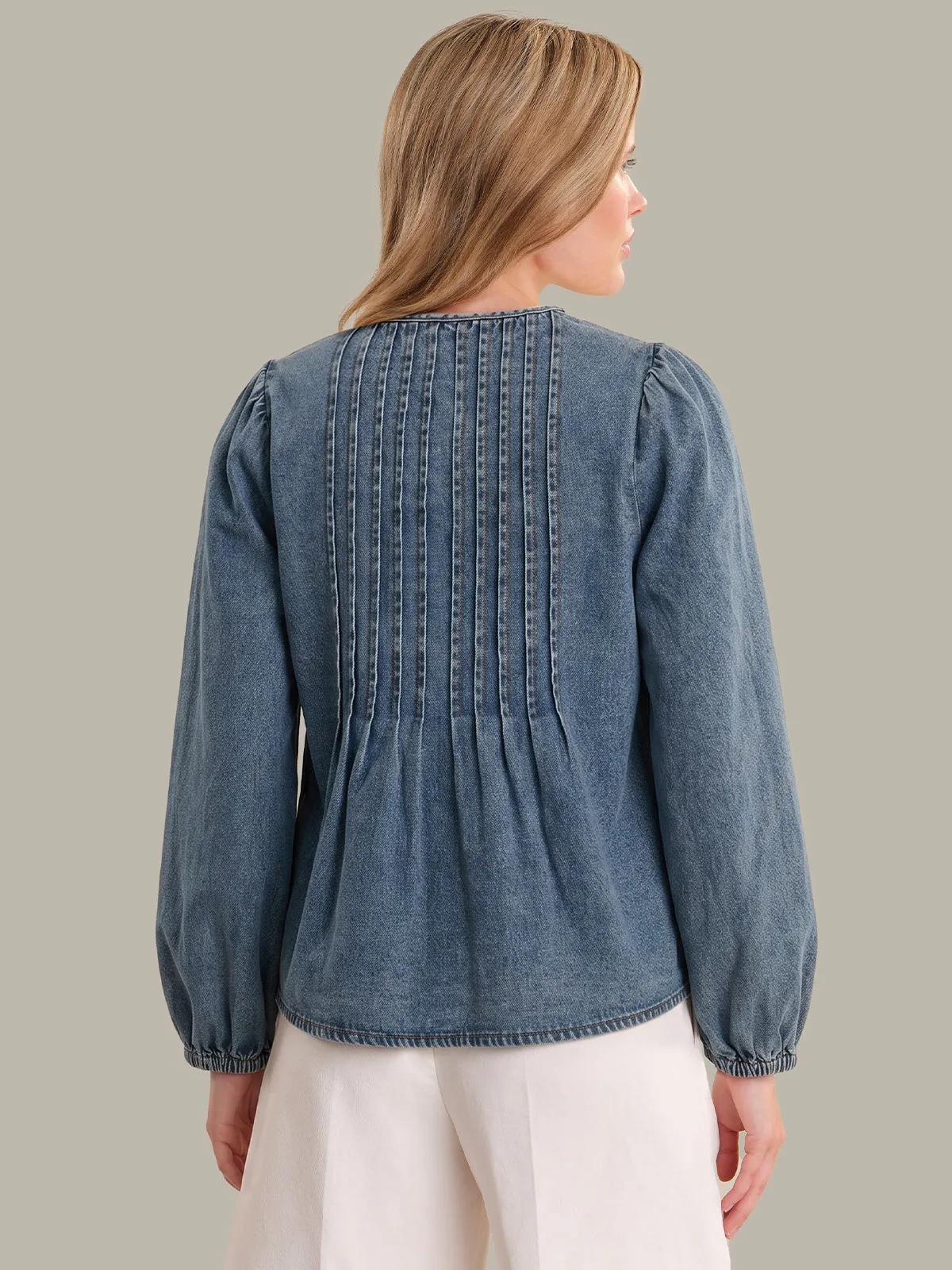 Tala: Denim Tie-Neck Blouse sold by 525 America product image thumbnail 3