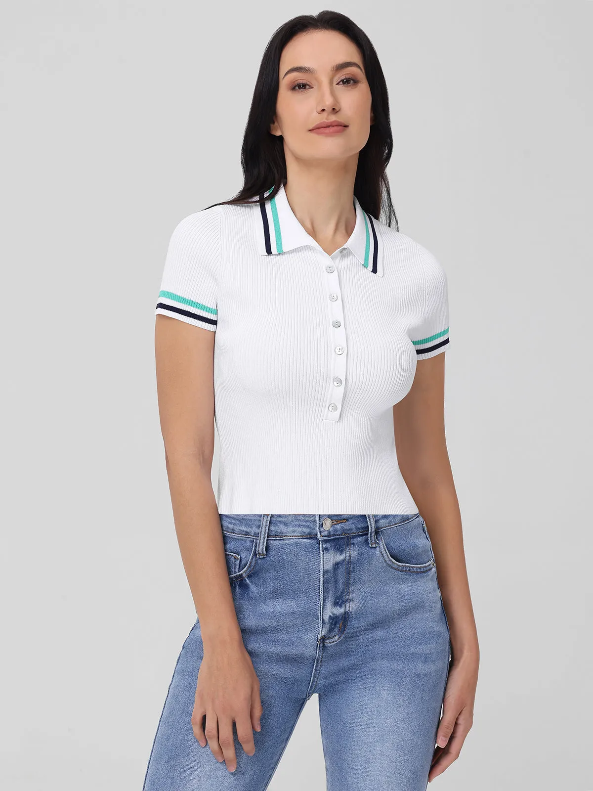 Millie: Tipped Polo Short Sleeve Sweater sold by 525 America product image thumbnail 2