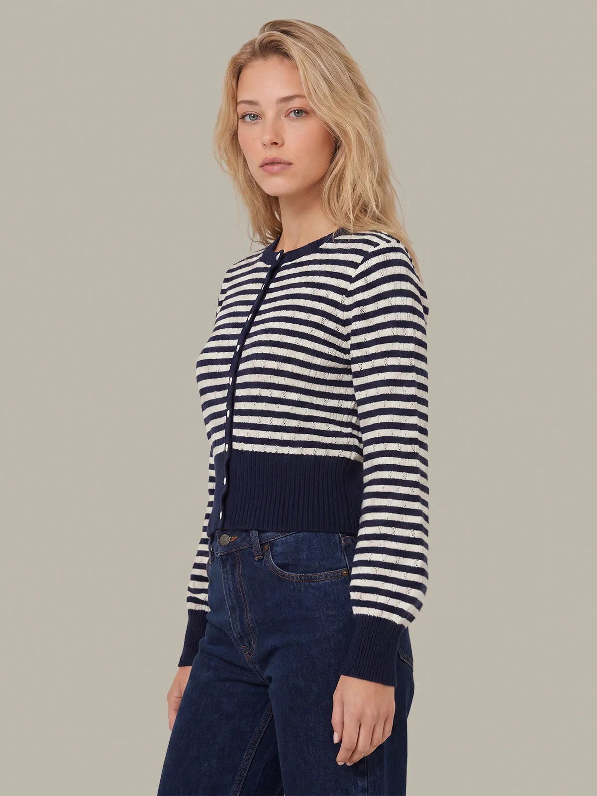 Beckett Striped Pointelle Blouson Sleeve High Rib Cardigan sold by 525 America product image thumbnail 2