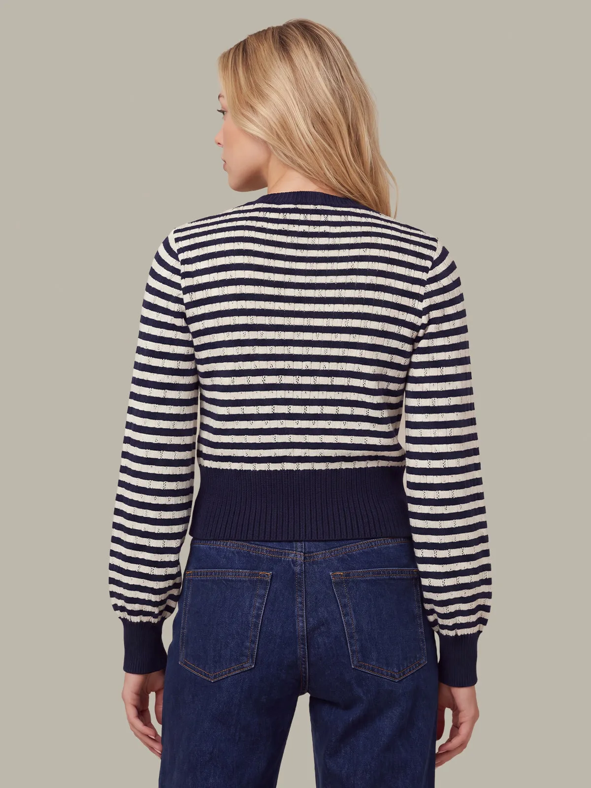 Beckett Striped Pointelle Blouson Sleeve High Rib Cardigan sold by 525 America product image thumbnail 3