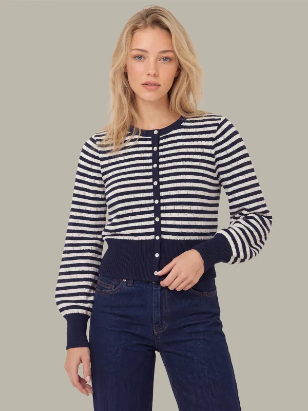 Beckett Striped Pointelle Blouson Sleeve High Rib Cardigan made by 525 America