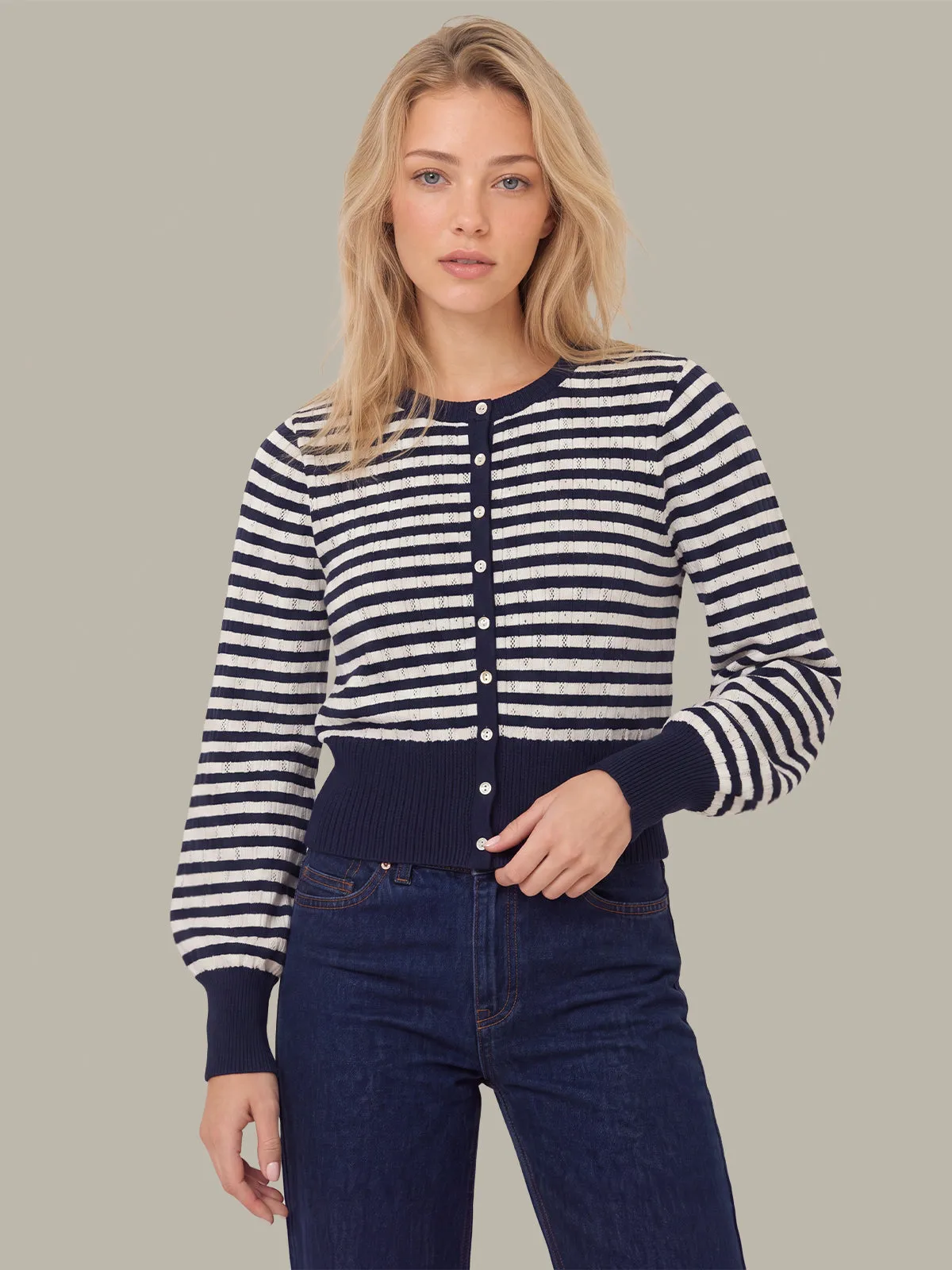 Beckett Striped Pointelle Blouson Sleeve High Rib Cardigan sold by 525 America
