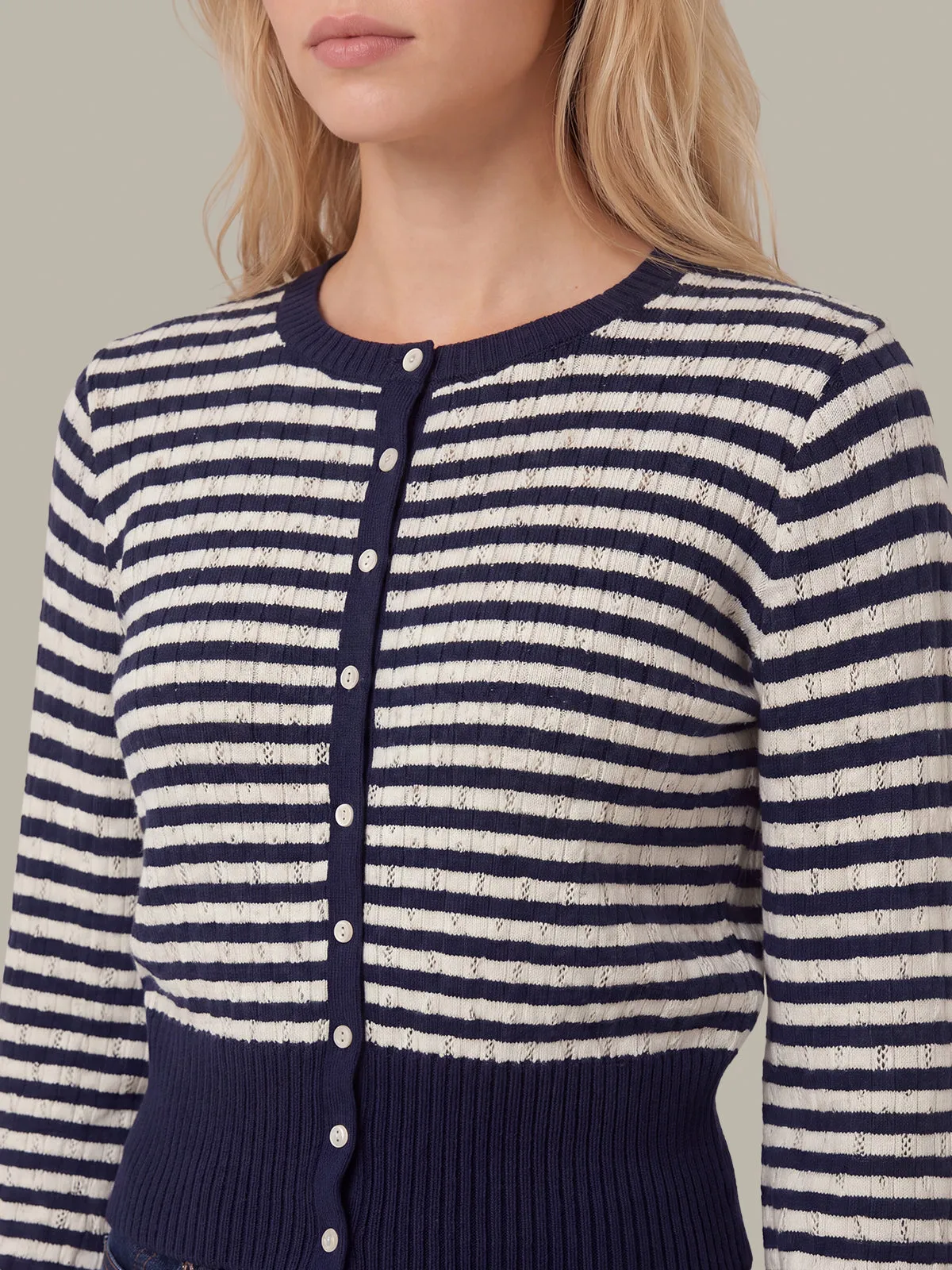Beckett Striped Pointelle Blouson Sleeve High Rib Cardigan sold by 525 America product image thumbnail 4