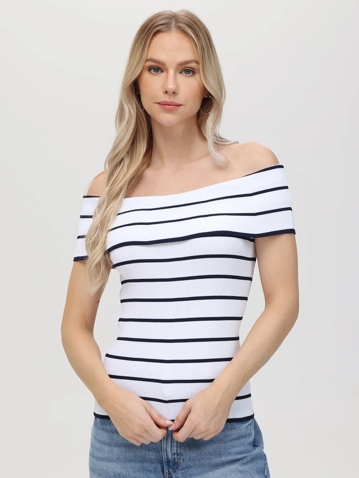 Essie: Stripe Off Shoulder Top sold by 525 America