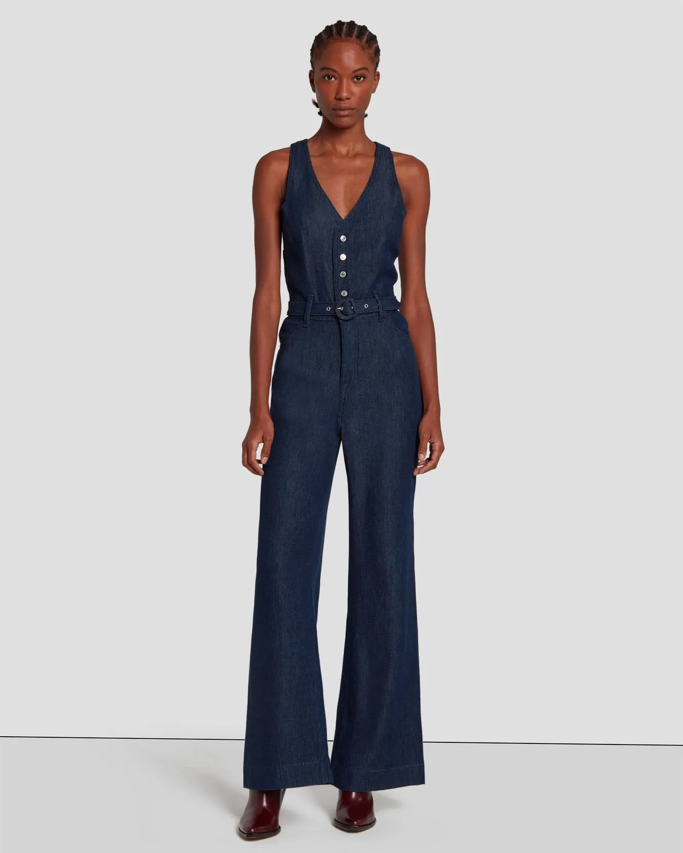 Denim Lustre Tailored Wide Leg Jumpsuit in Dark Rinse sold by 7 For All Mankind