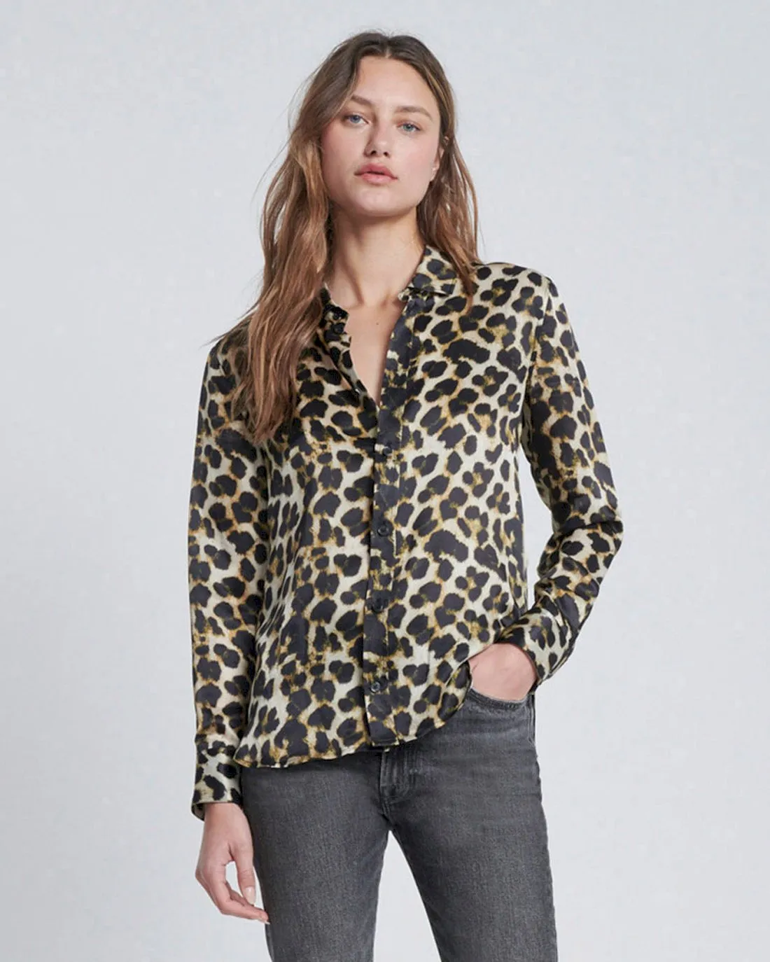 Silk Button-Up Shirt in Leopard sold by 7 For All Mankind
