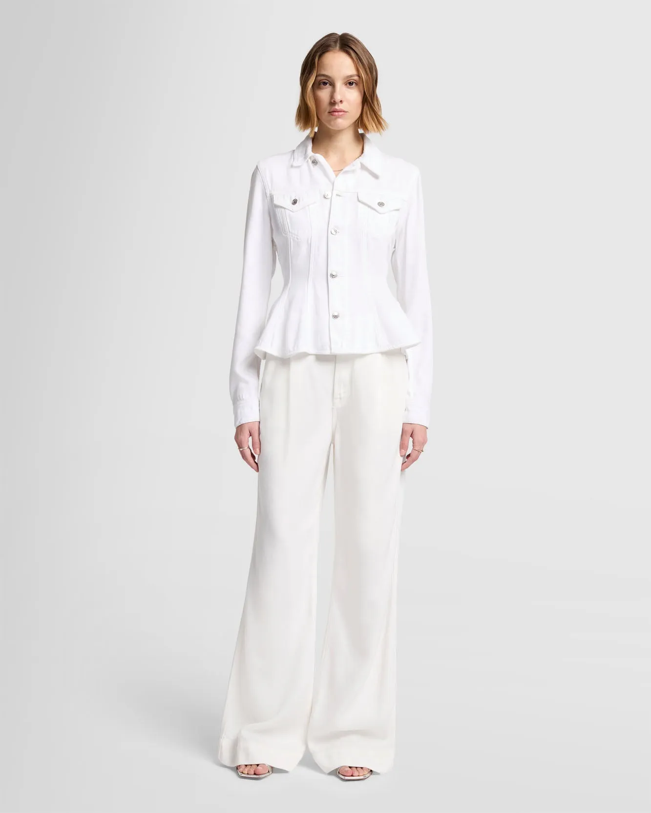 Denim Lustre Flounce Trucker Jacket in White sold by 7 For All Mankind product image thumbnail 3