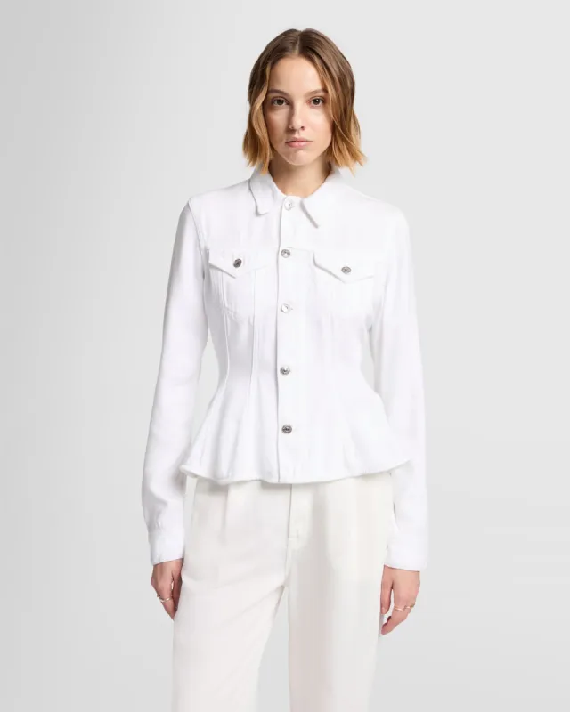 Denim Lustre Flounce Trucker Jacket in White sold by 7 For All Mankind