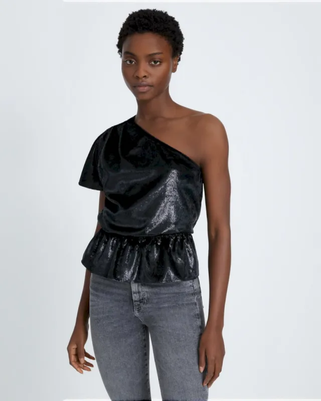 One Shoulder Ruffle Blouse in Black Shine sold by 7 For All Mankind