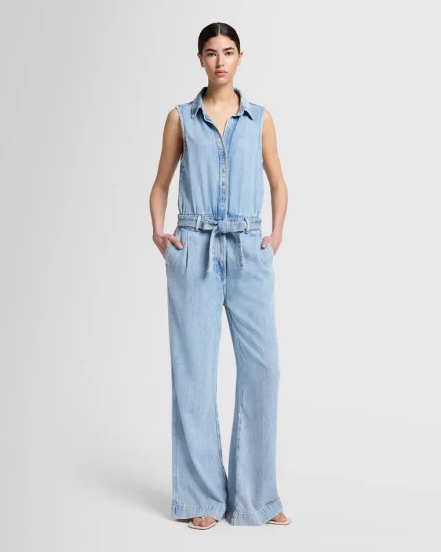 Denim Lustre Pleated Sleeveless Jumpsuit in Abyss sold by 7 For All Mankind