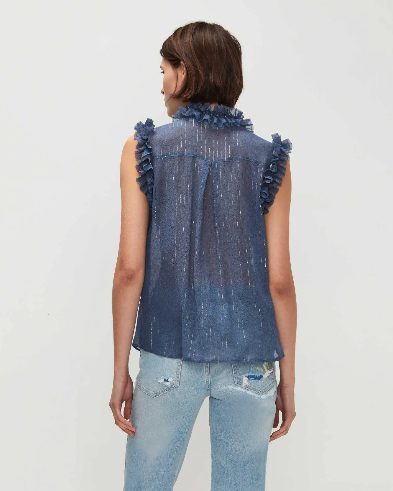 Sleeveless Lurex Stripe Ruffle Collar Shirt In Denim Blue sold by 7 For All Mankind product image thumbnail 4