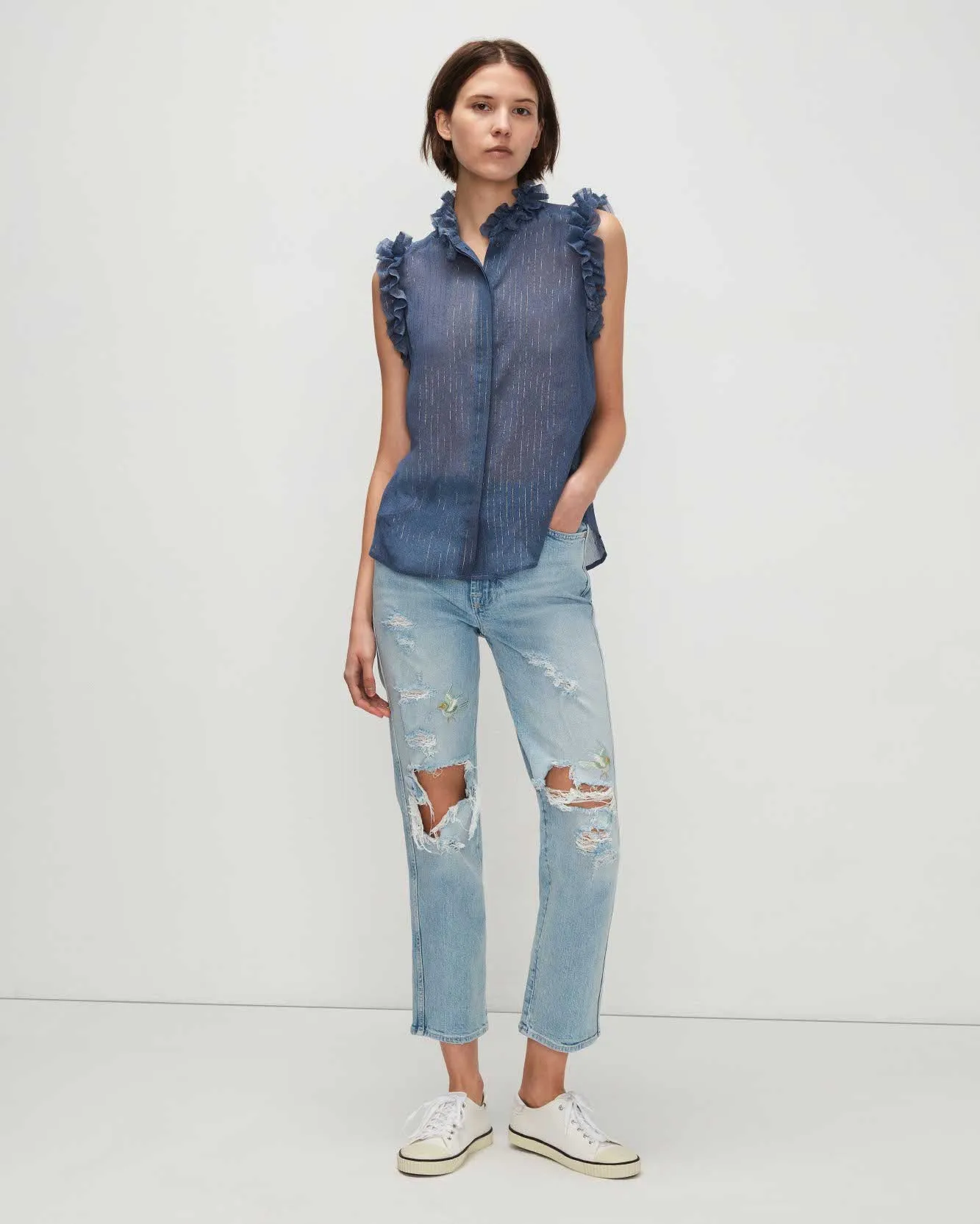 Sleeveless Lurex Stripe Ruffle Collar Shirt In Denim Blue sold by 7 For All Mankind product image thumbnail 2