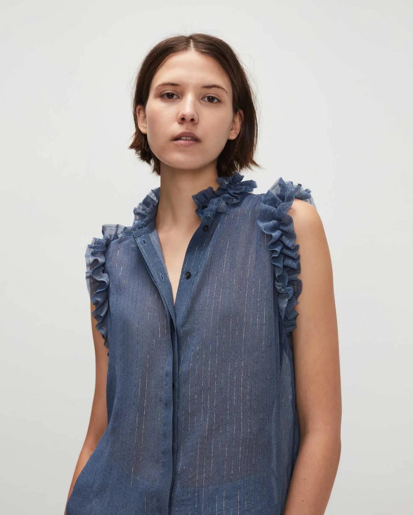 Sleeveless Lurex Stripe Ruffle Collar Shirt In Denim Blue sold by 7 For All Mankind product image thumbnail 3