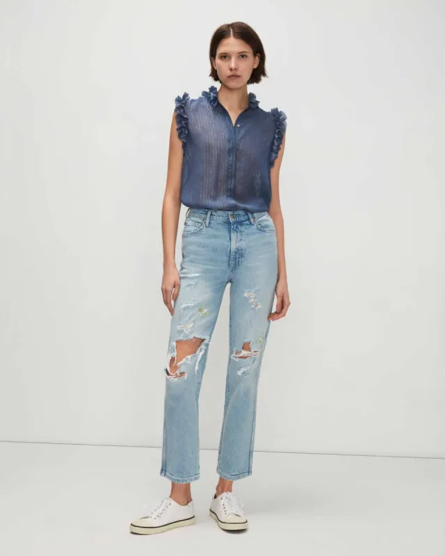 Sleeveless Lurex Stripe Ruffle Collar Shirt In Denim Blue sold by 7 For All Mankind