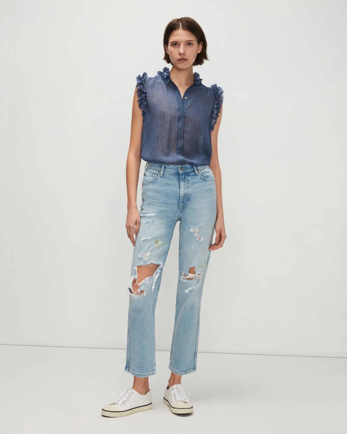 Sleeveless Lurex Stripe Ruffle Collar Shirt In Denim Blue sold by 7 For All Mankind
