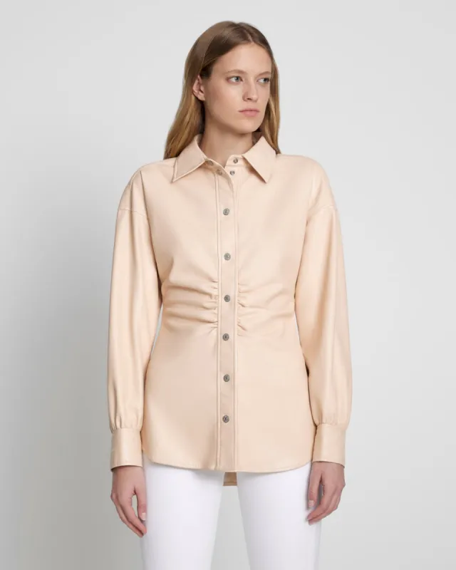 Faux Leather Cinched Waist Button Up Shirt in Nude sold by 7 For All Mankind