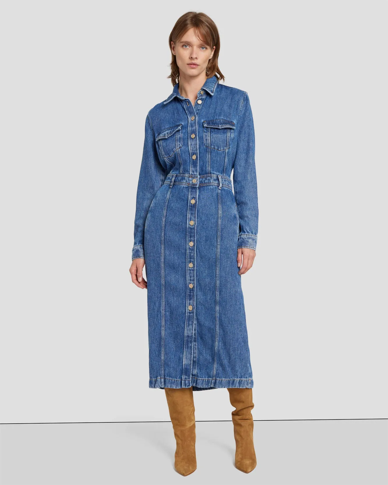 Denim Lustre Luxe Dress in Daylily sold by 7 For All Mankind