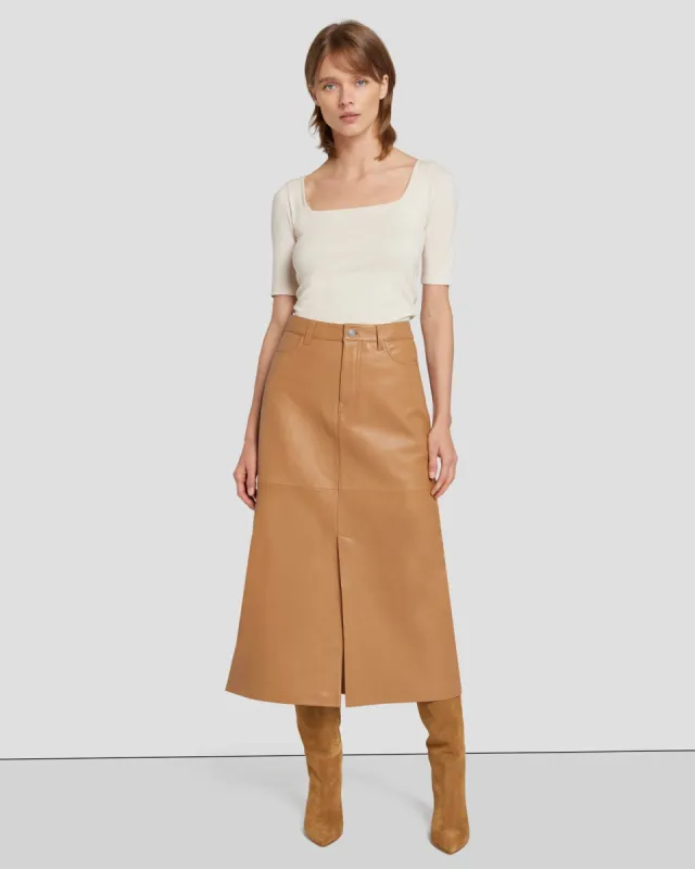 Leather Midi Skirt in Brown Sugar sold by 7 For All Mankind