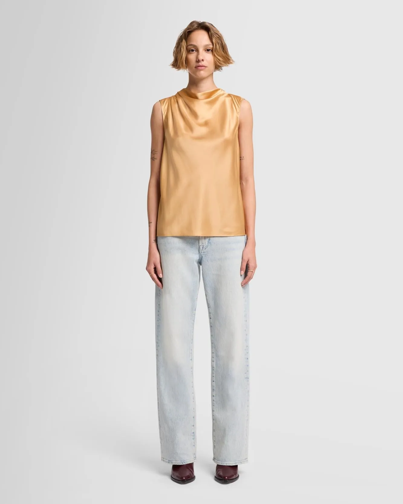 Silk High Neck Draped Blouse in Porcini sold by 7 For All Mankind product image thumbnail 2