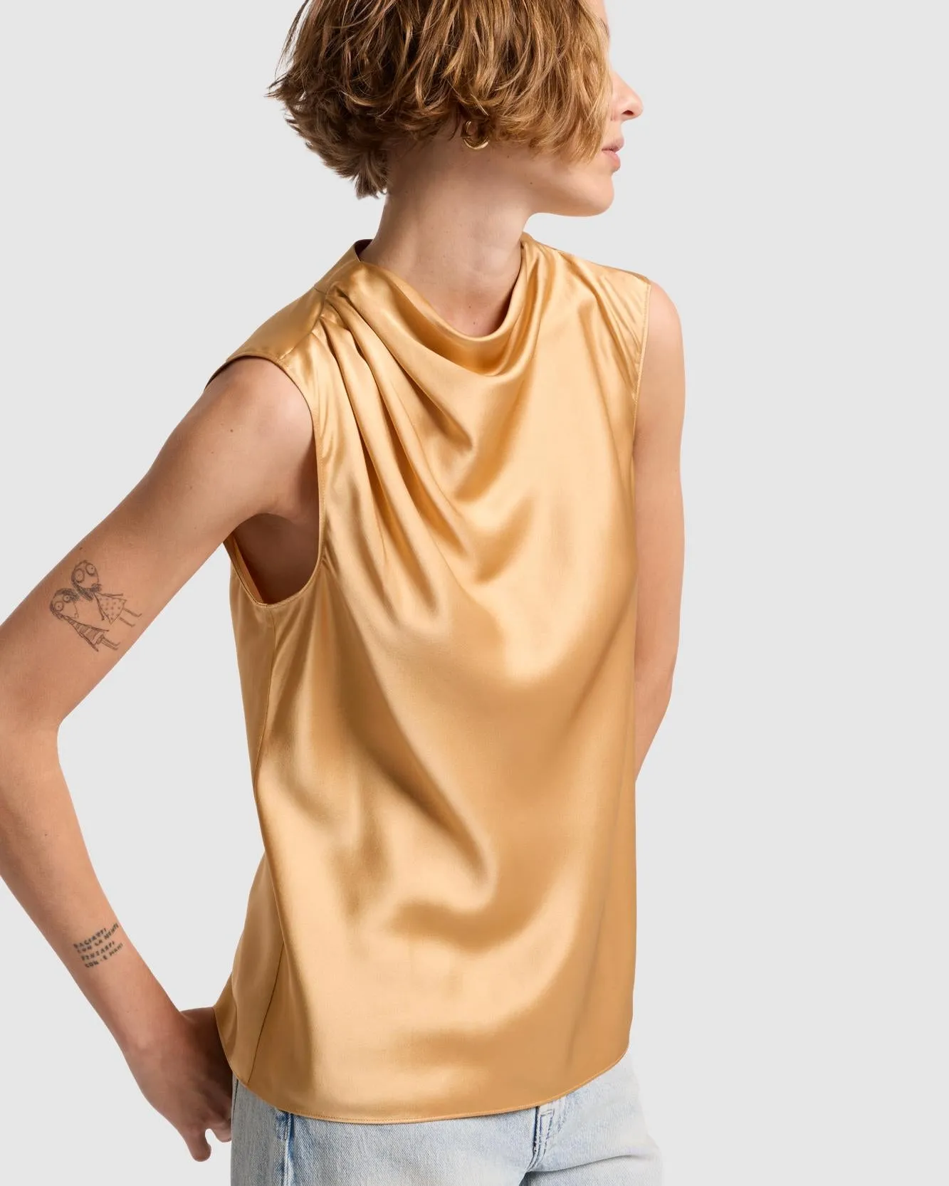 Silk High Neck Draped Blouse in Porcini sold by 7 For All Mankind product image thumbnail 3