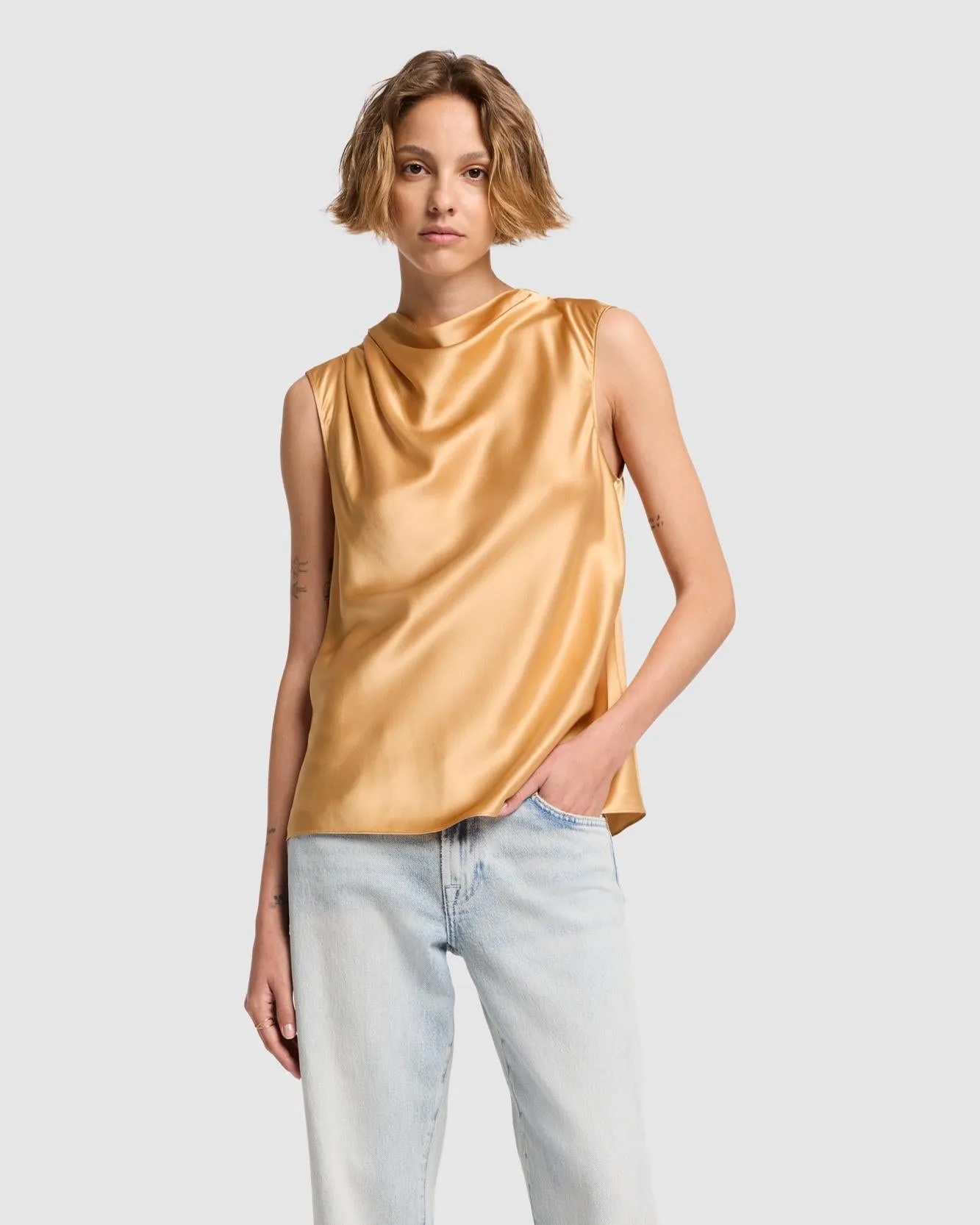 Silk High Neck Draped Blouse in Porcini sold by 7 For All Mankind
