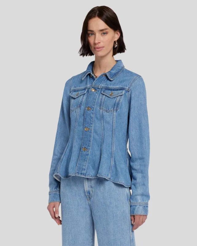 Denim Lustre Flounce Trucker Jacket in Valentine sold by 7 For All Mankind