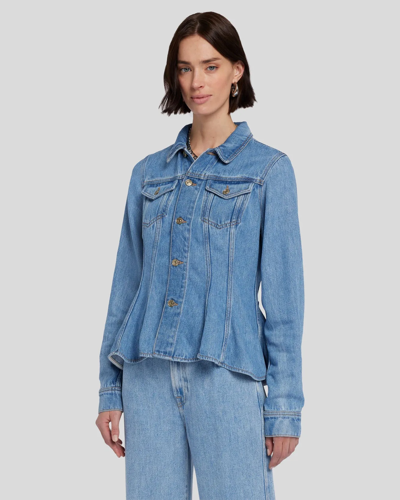 Denim Lustre Flounce Trucker Jacket in Valentine sold by 7 For All Mankind