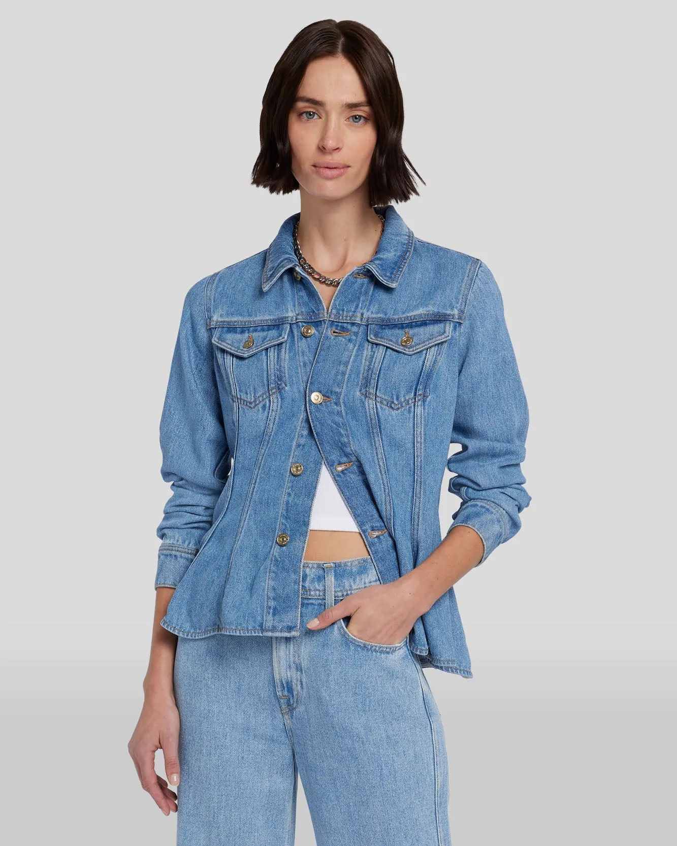 Denim Lustre Flounce Trucker Jacket in Valentine sold by 7 For All Mankind product image thumbnail 2