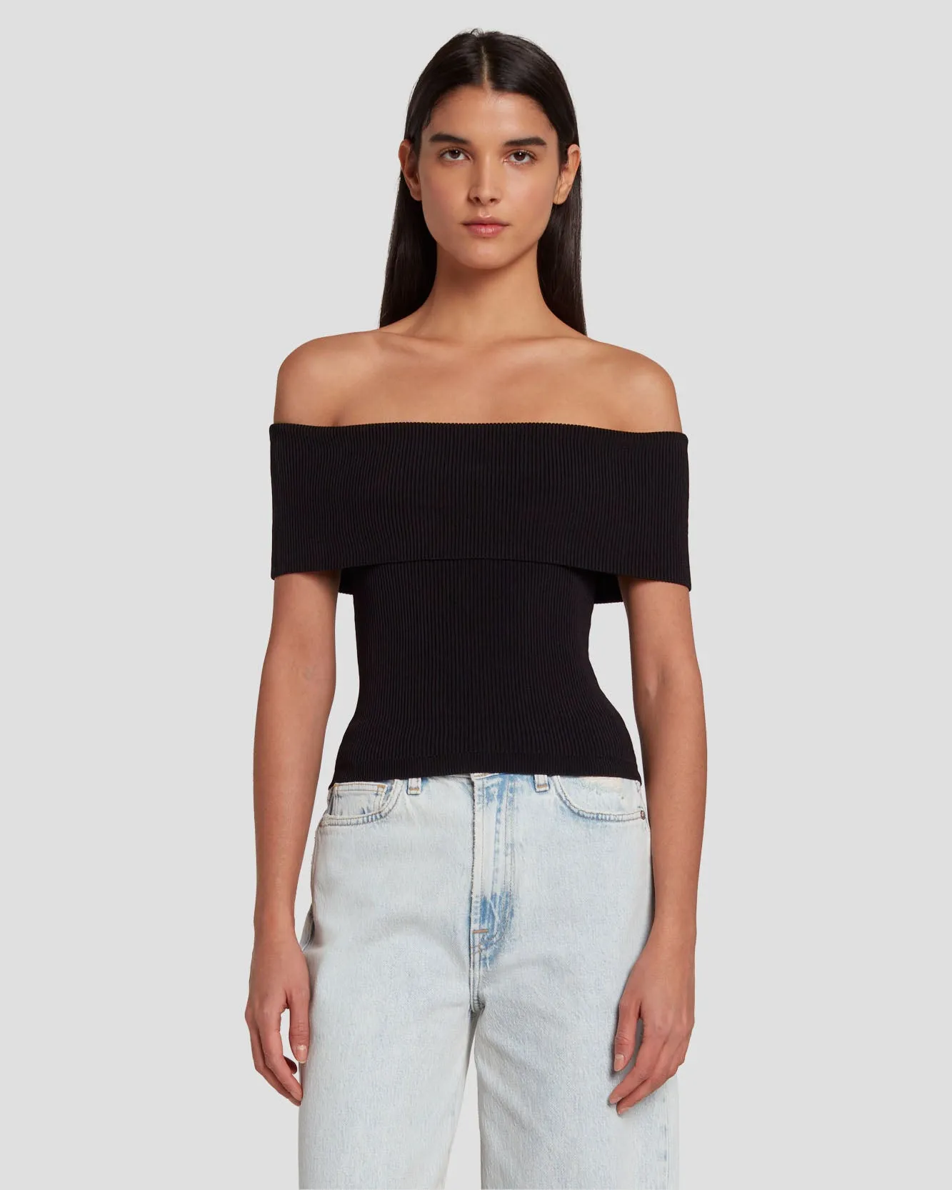 Off The Shoulder Ribbed Top in Black sold by 7 For All Mankind