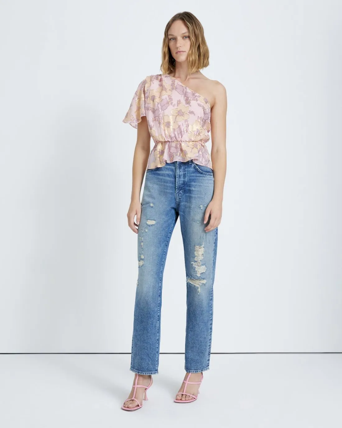 One Shoulder Silk Ruffle Blouse in Blush sold by 7 For All Mankind product image thumbnail 3