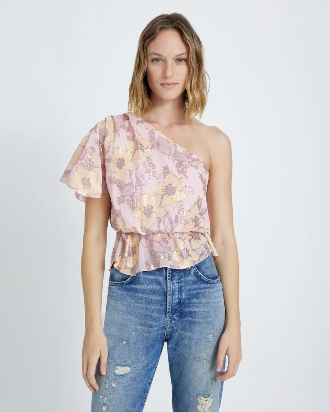 One Shoulder Silk Ruffle Blouse in Blush sold by 7 For All Mankind