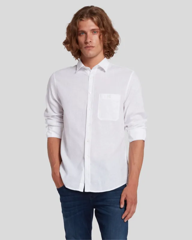 Linen Blend Button Up Shirt in White sold by 7 For All Mankind