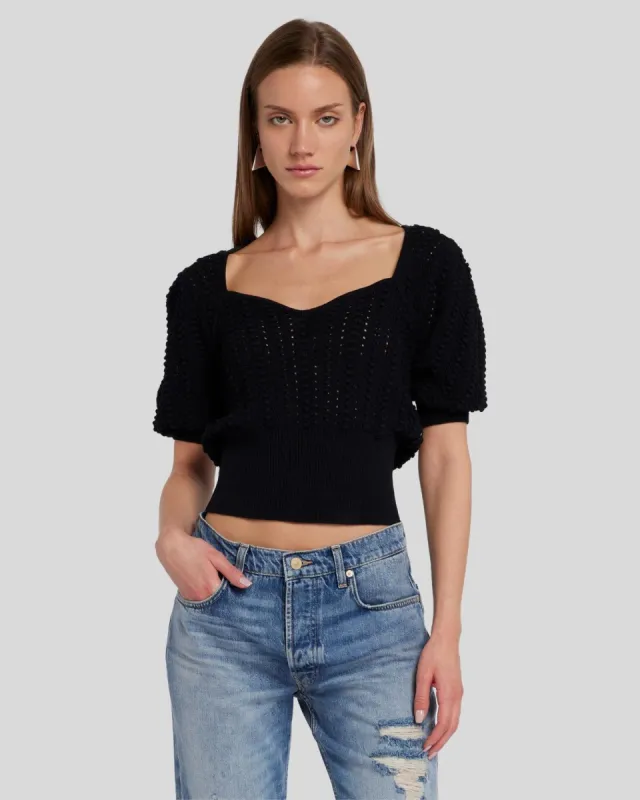 Sweetheart Pointelle Knit Sweater in Black sold by 7 For All Mankind