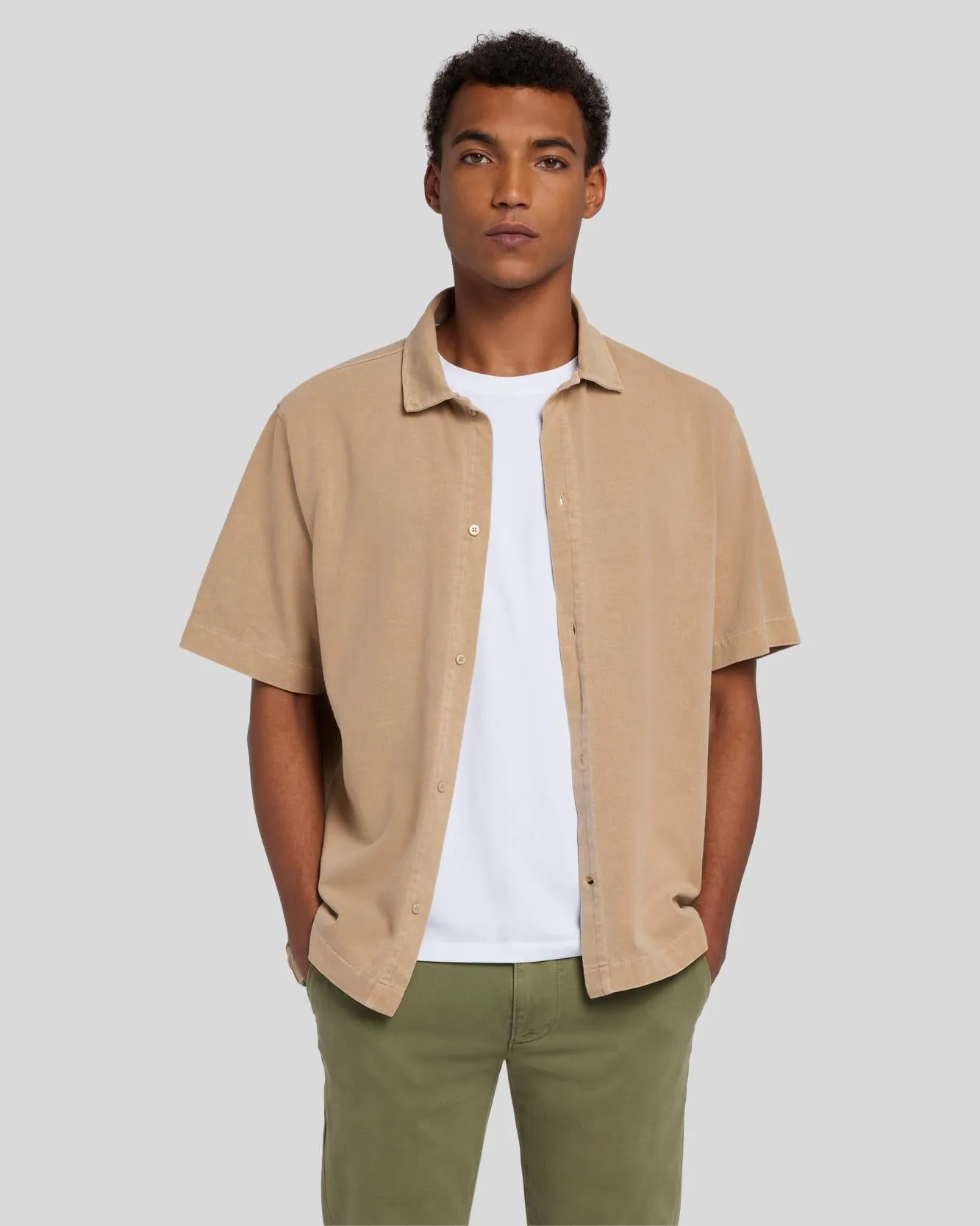 Button Down Mineral Dye Polo in Sand sold by 7 For All Mankind