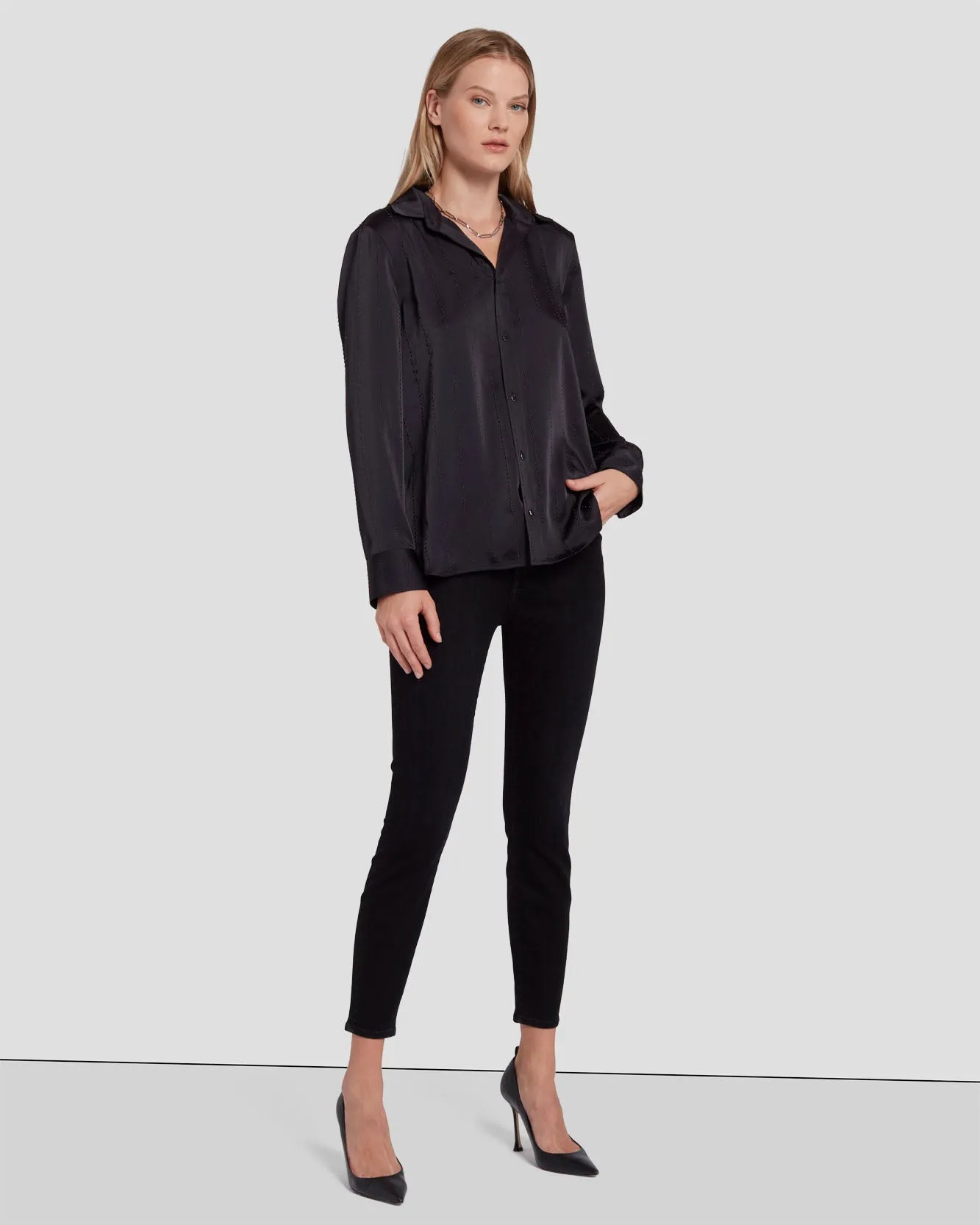 Embellished Satin Button-Up Shirt in Black sold by 7 For All Mankind product image thumbnail 2