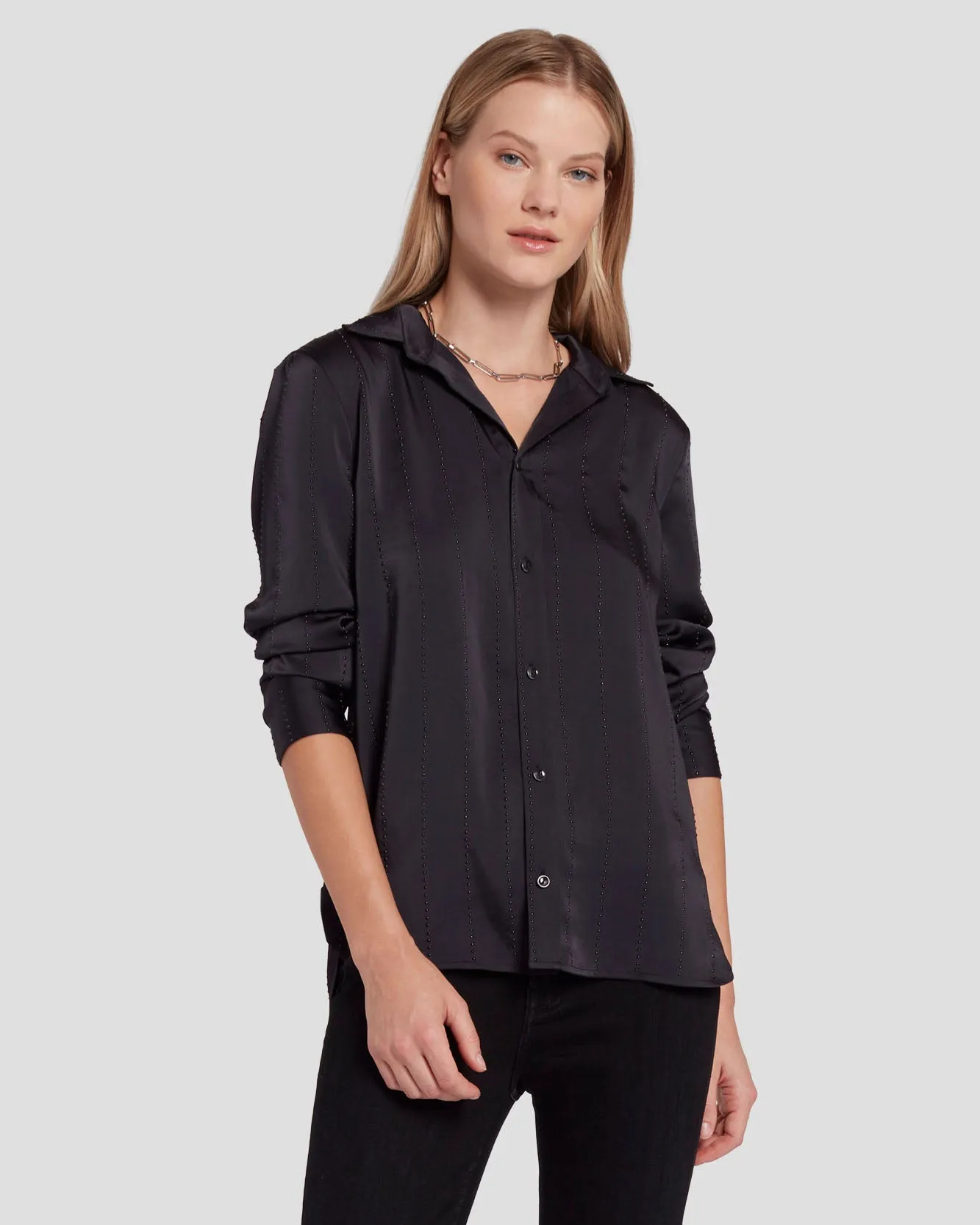 Embellished Satin Button-Up Shirt in Black sold by 7 For All Mankind