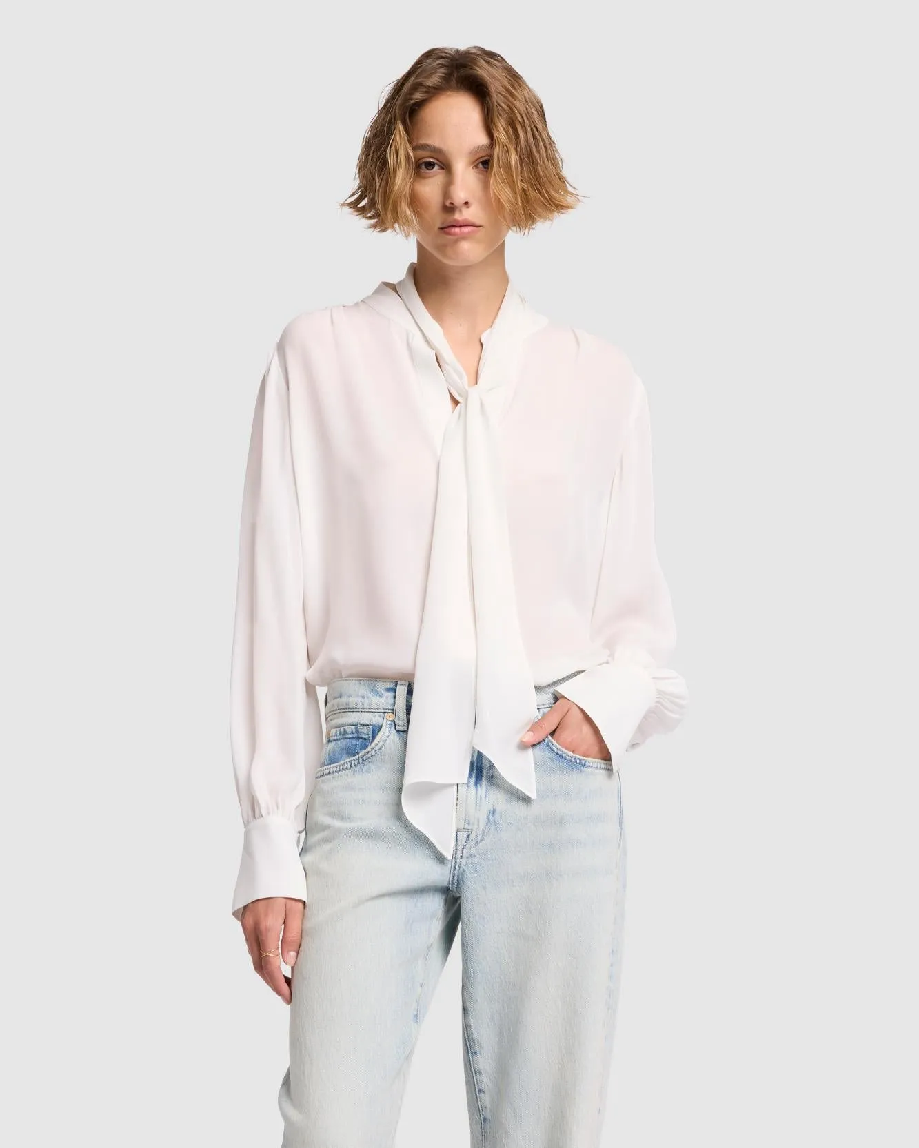 Silk Bow Shirt in Vintage White sold by 7 For All Mankind