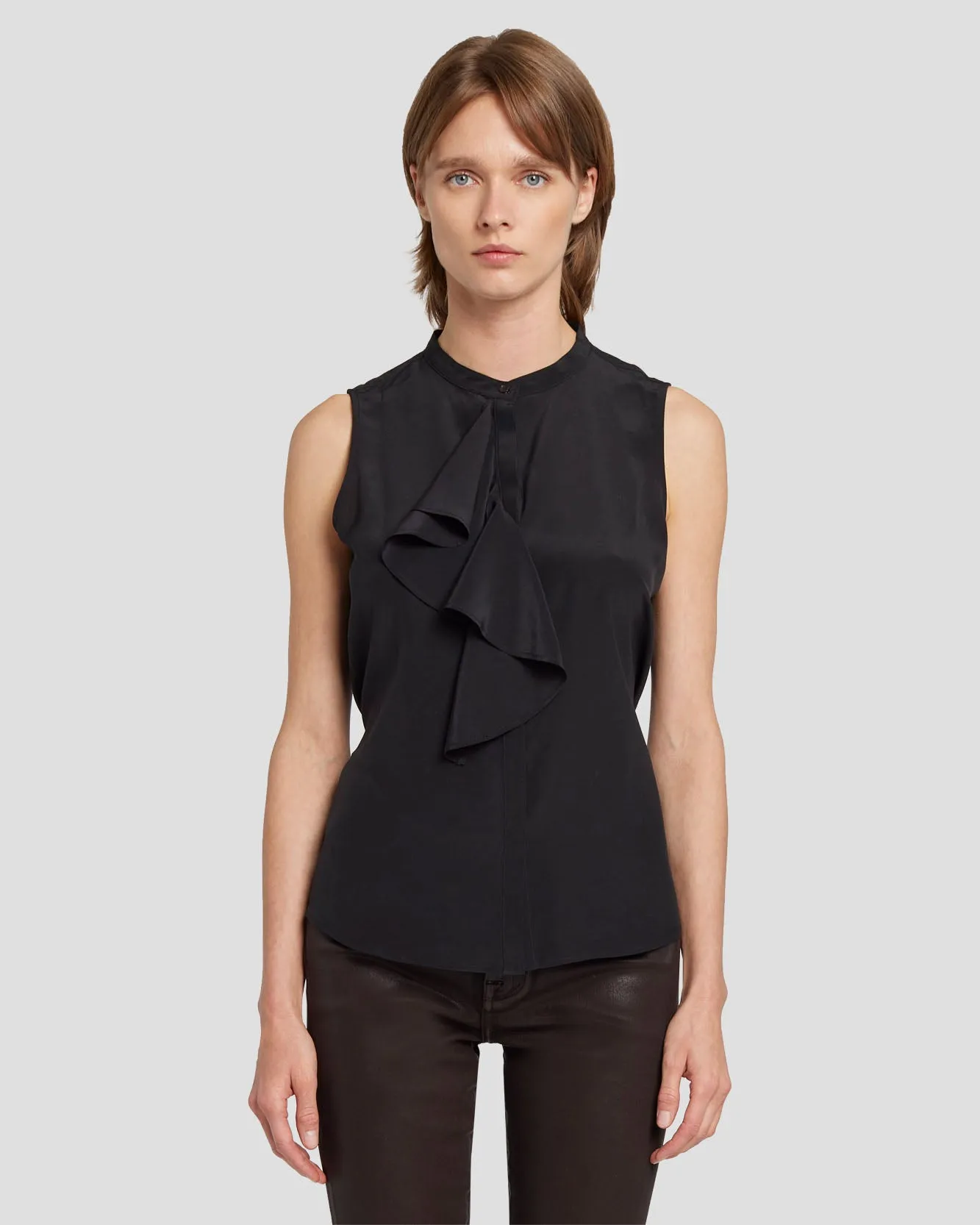 Silk Sleeveless Ruffle Blouse in Black sold by 7 For All Mankind