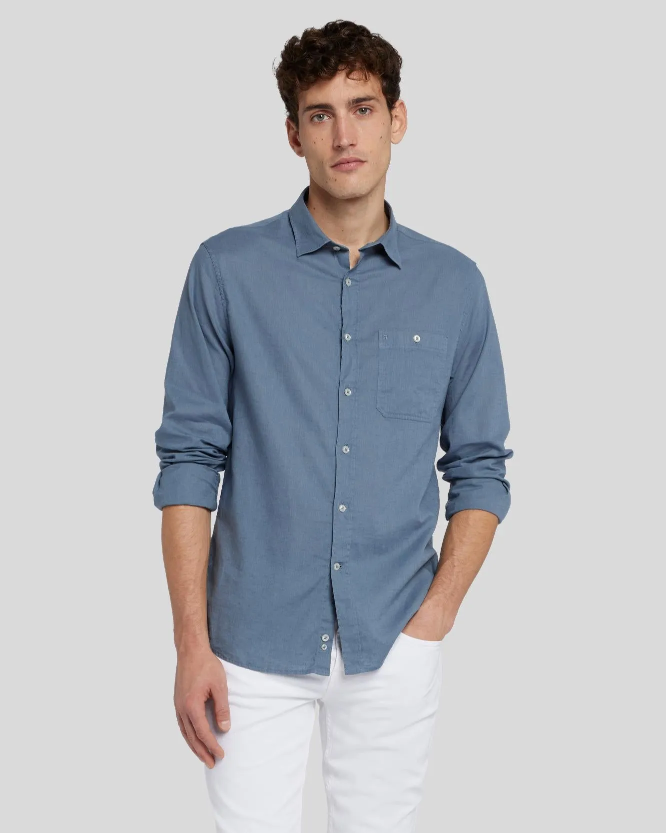 Linen Blend Button Up Shirt in Dusty Blue sold by 7 For All Mankind