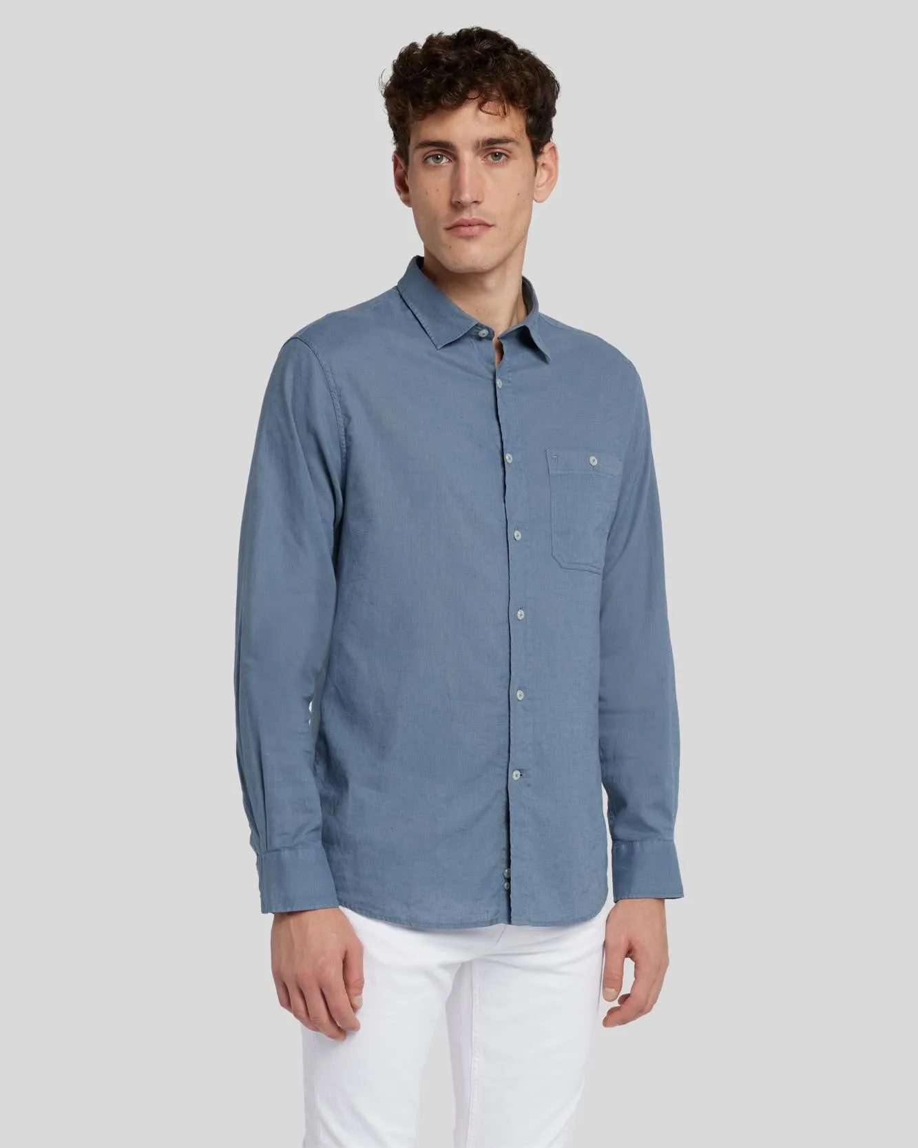 Linen Blend Button Up Shirt in Dusty Blue sold by 7 For All Mankind product image thumbnail 2