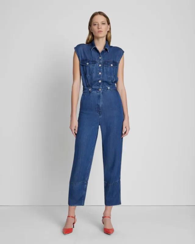 Denim Lustre Sleeveless Balloon Jumpsuit in Dark Indigo sold by 7 For All Mankind