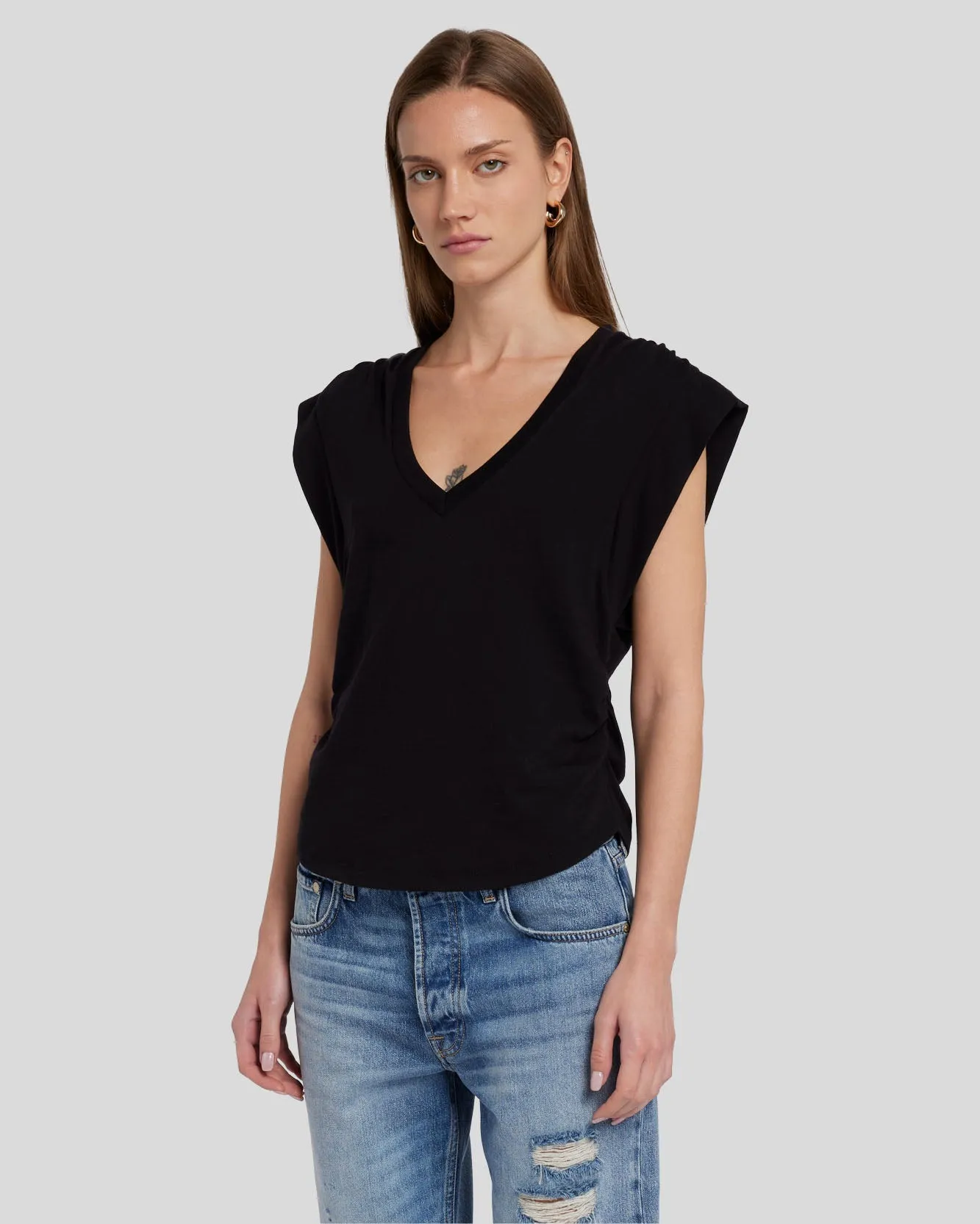 Ruched Sleeveless Tee in Black sold by 7 For All Mankind