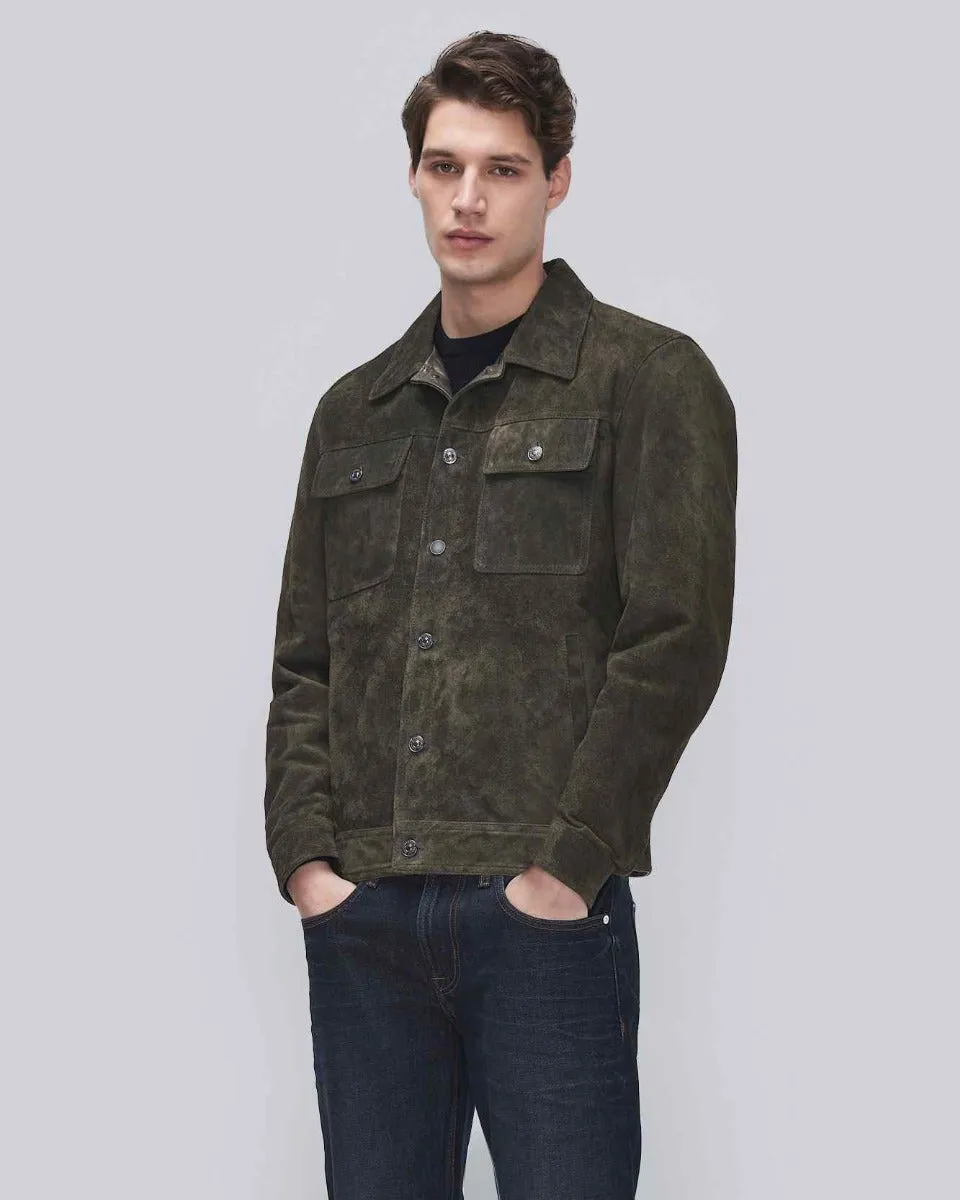 Modern Suede Trucker Jacket in Forest sold by 7 For All Mankind