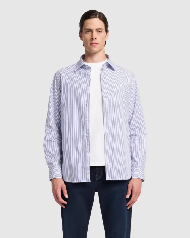 Poplin Button Down Shirt in Navy Stripe sold by 7 For All Mankind