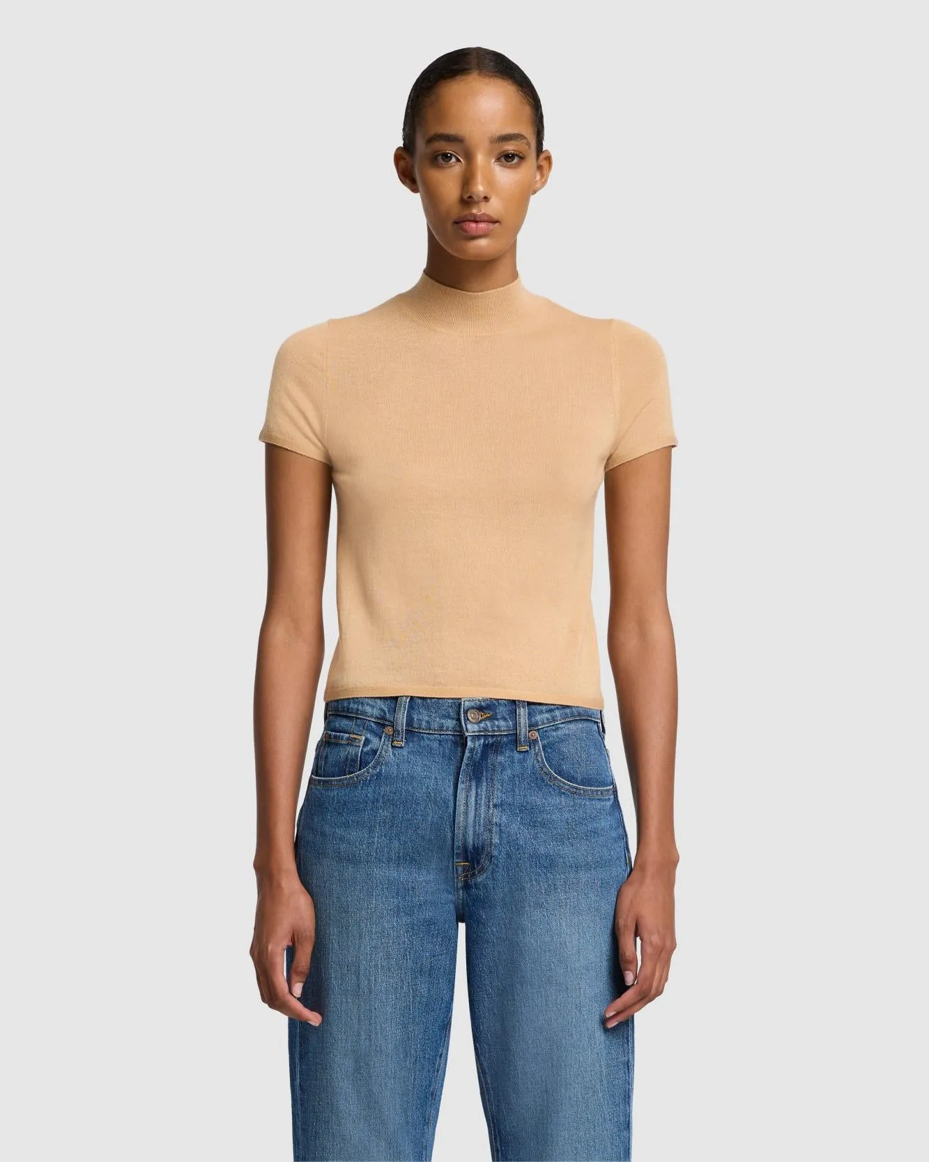 Cashmere Mock Neck Short Sleeve Sweater in Porcini sold by 7 For All Mankind