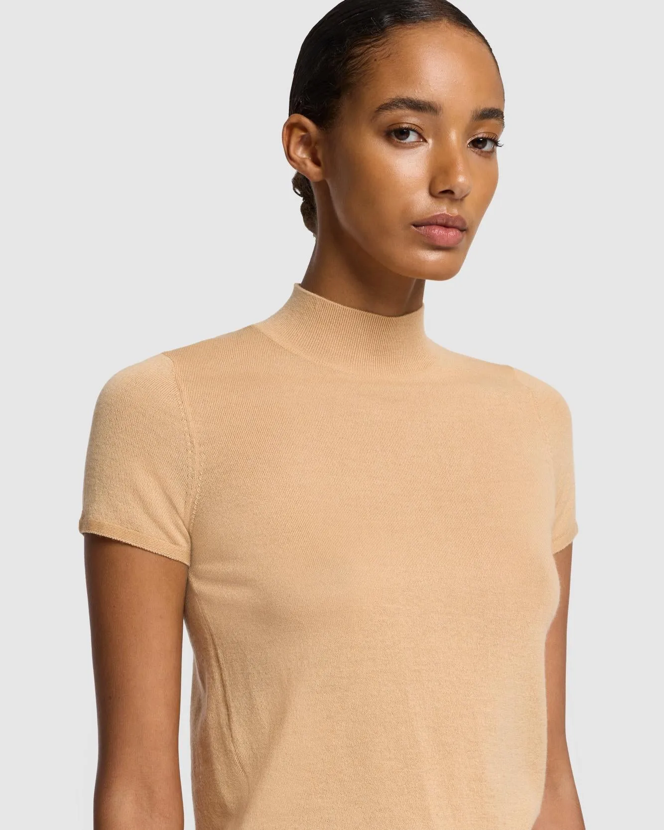 Cashmere Mock Neck Short Sleeve Sweater in Porcini sold by 7 For All Mankind product image thumbnail 3