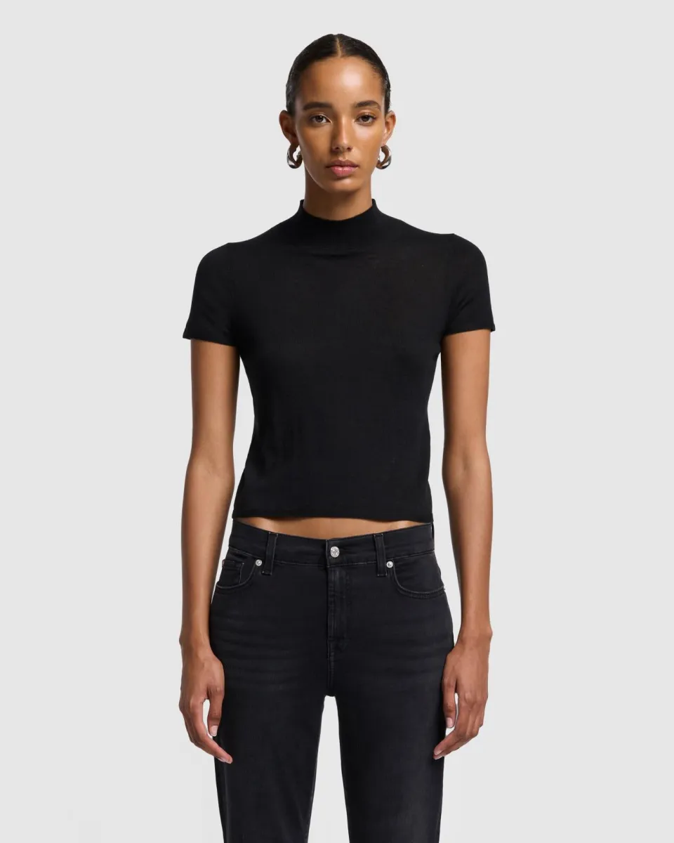 Cashmere Mock Neck Short Sleeve Sweater in Black sold by 7 For All Mankind