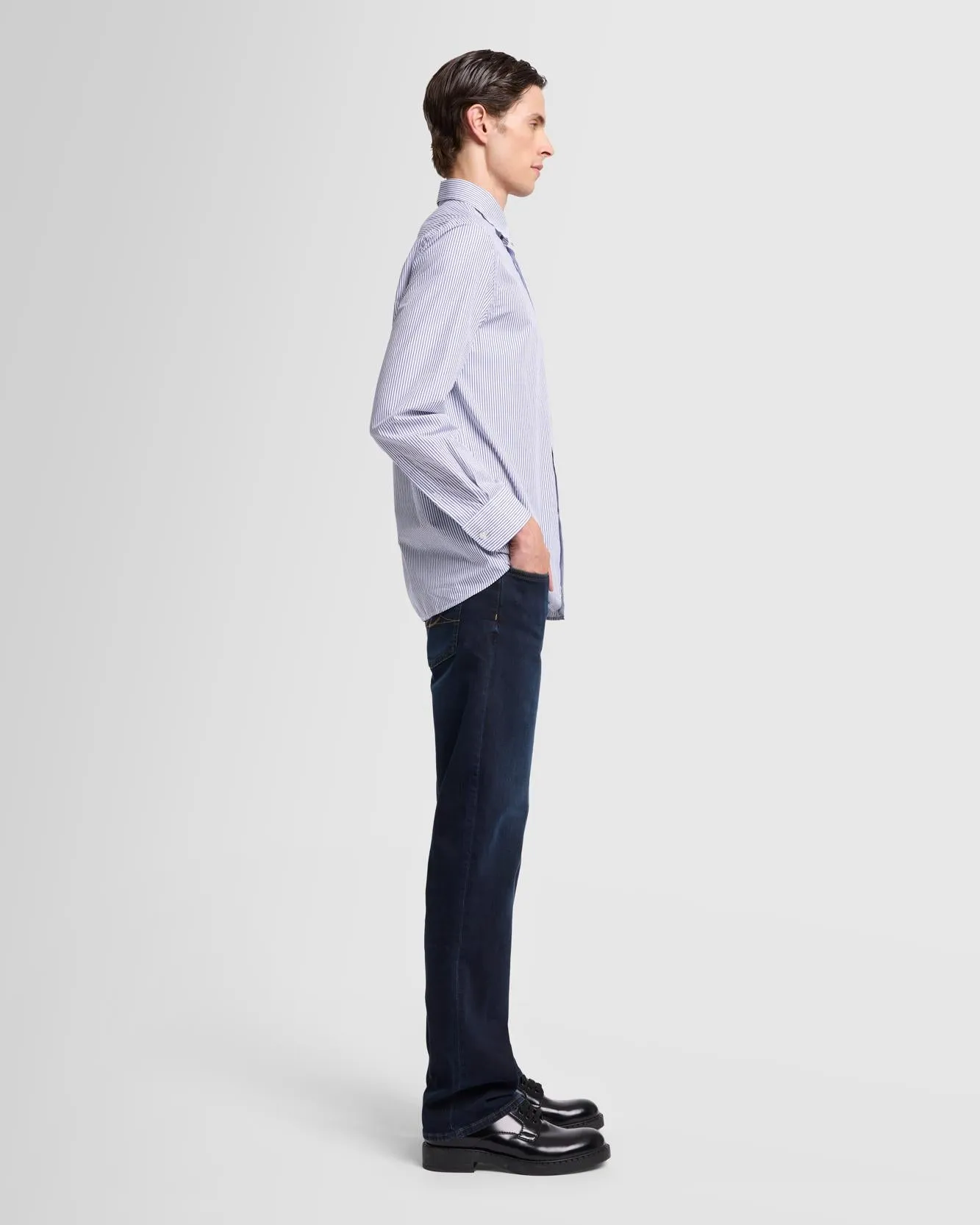 Long Sleeve Poplin Shirt in Navy Stripe sold by 7 For All Mankind product image thumbnail 5